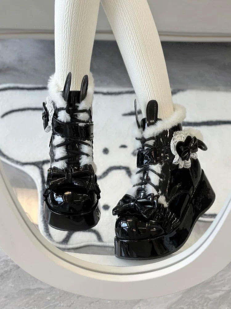 Bunny Tail - Fuzzy Kawaii Lolita Snow Boots, Detachable Plush Bow 44447:808611