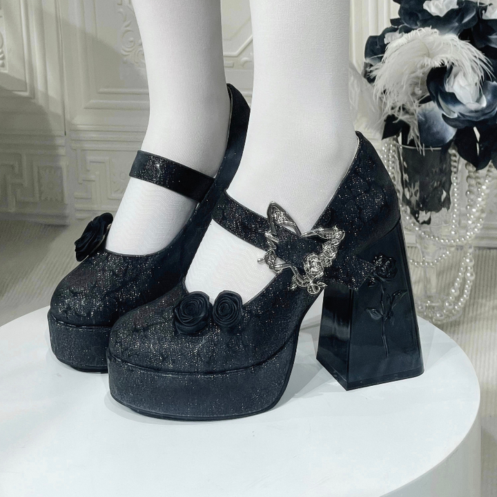 Dreamland~Cyclic Wonders~Elegant Lolita High Platform Shoes with Butterfly and Rose Details Black with Fine Sparkle 34