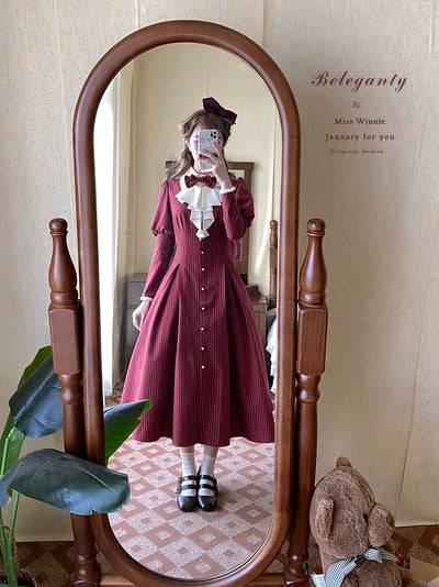 Beleganty Fashion~Miss Winnie~Retro Lolita Cape Long Sleeve Dress Striped Red OP S 