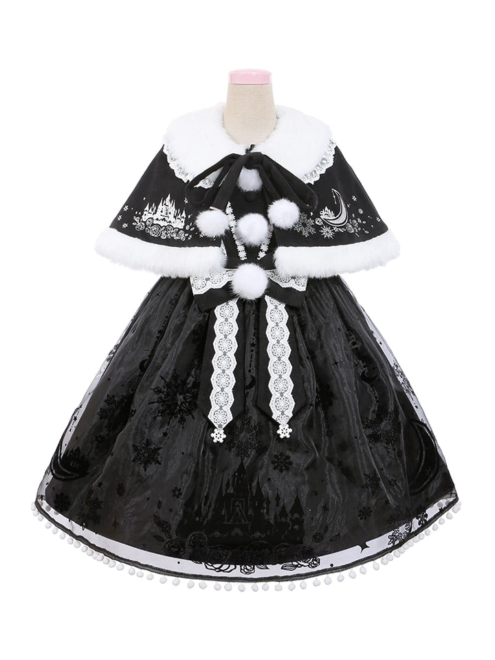 To Alice~Snow Moon Castle~Sweet Lolita Jumper Dress Set Christmas Plush Cape S Black suit 