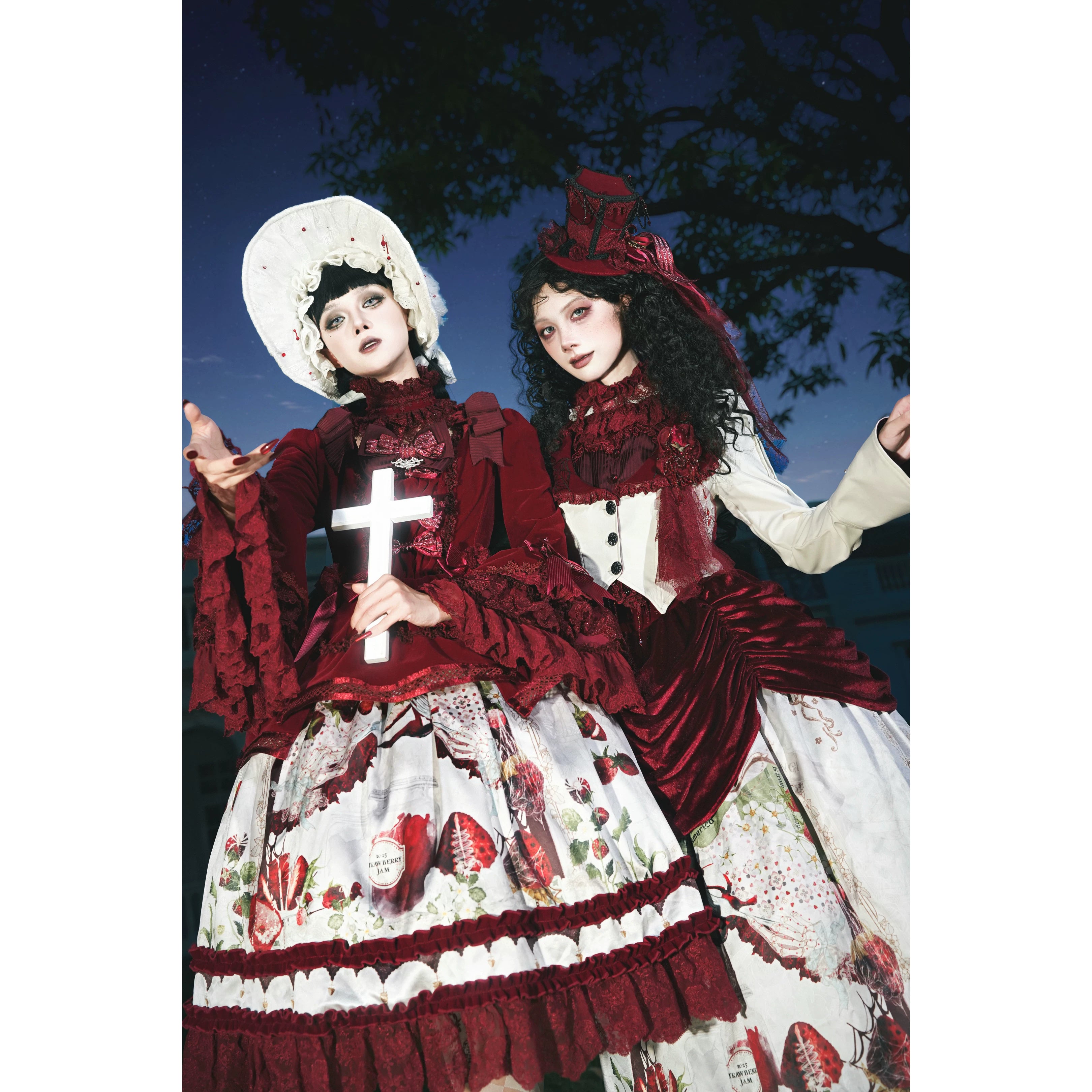Monster Strawberry Hunt - Gothic Lolita Strawberry Printed Velvet Dress Set 45737:859868