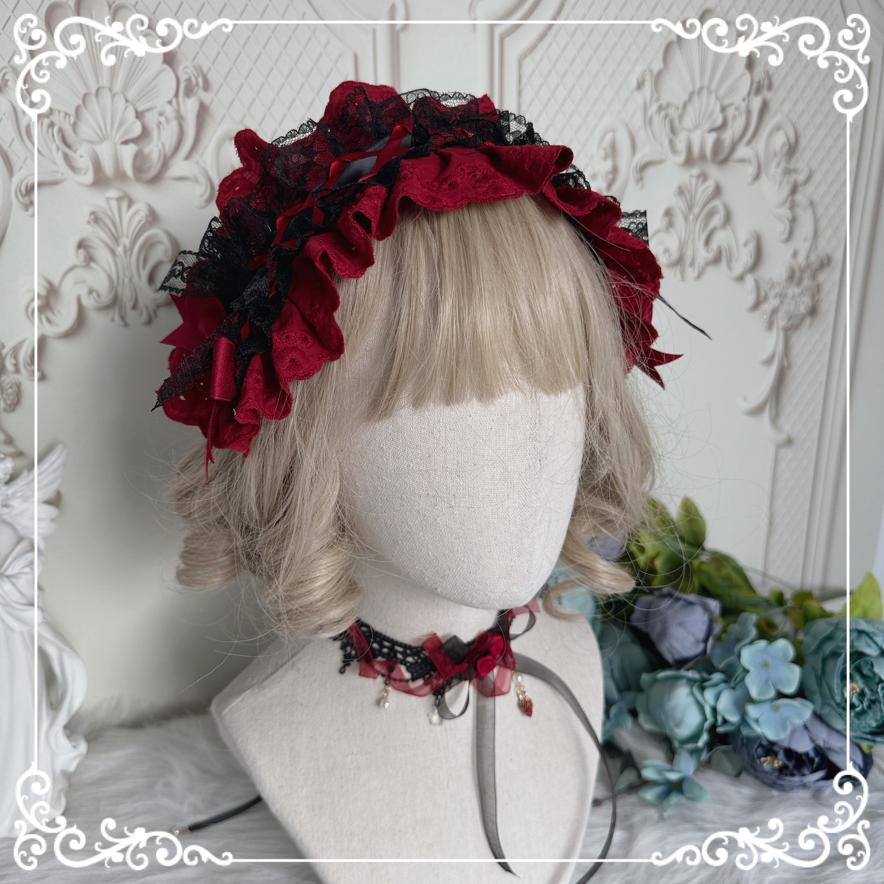 Chestnut Lolita - Gothic Lolita accessory Handmade Hairband Red Lace Headband