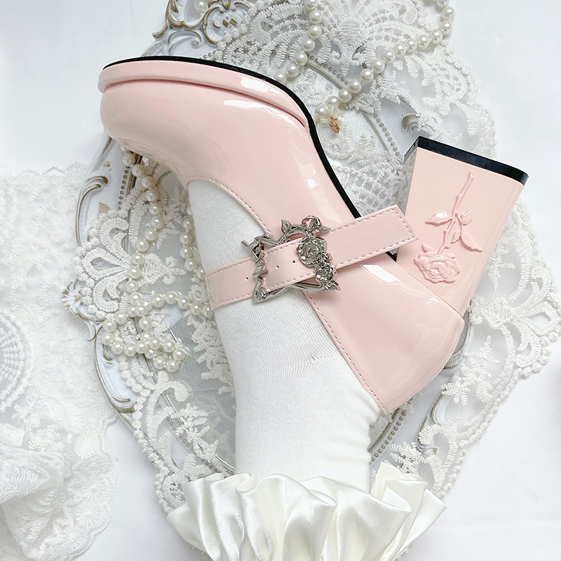 Dreamland - Wanxiang Cycle - Elegant Lolita Heel Shoes with Embossed Rose Lotus Root Pink 34