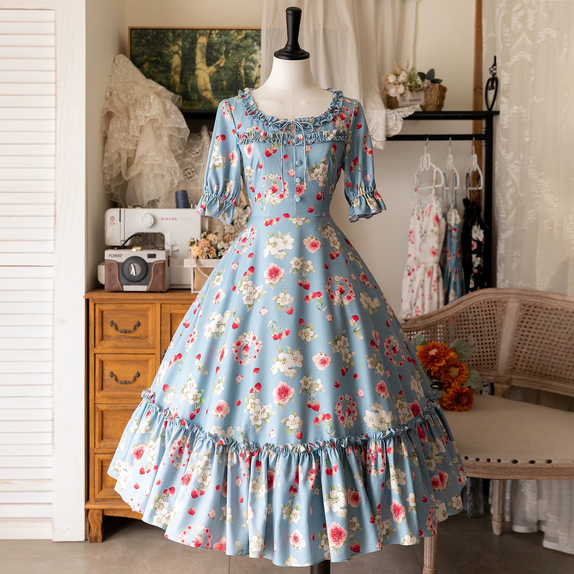 Forest Wardrobe - Summer Berry Picture Book - Vintage Lolita OP Dress Floral Print Short Sleeve Dress