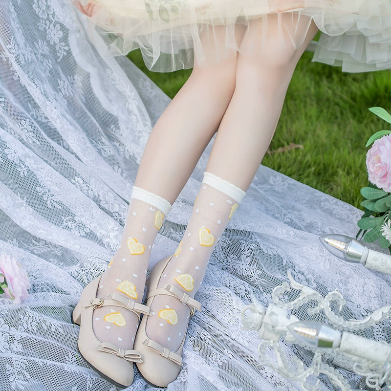 Roji Roji~Heart Beat Lemon~Sweet Lolita Socks Summer Thin Glass Silk Mid-tube Socks   