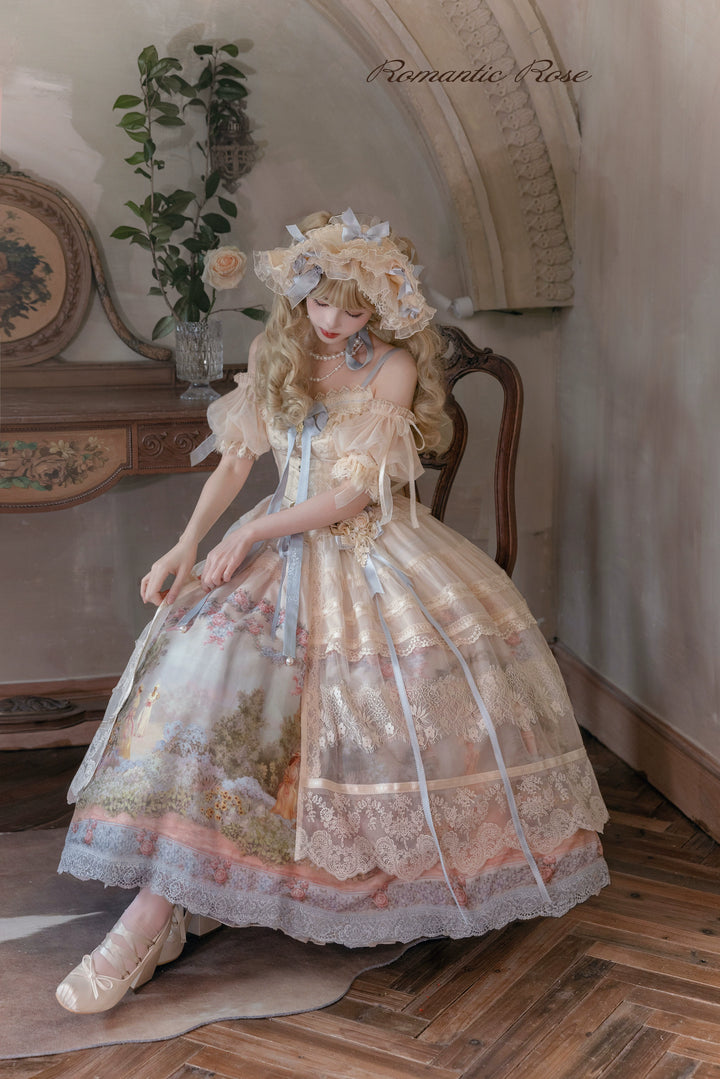 ZUOlanrichen~Romantic Rose~Classic Lolita Shirt with Puffy Sleeves Sheer Skirt Overlay