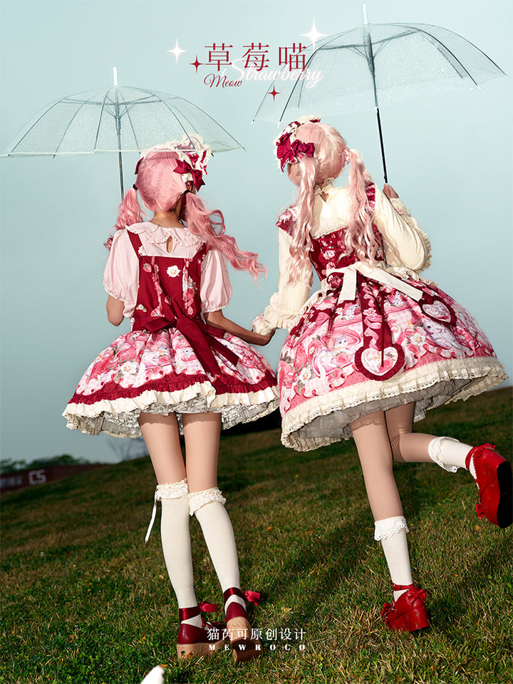 Mewroco~Strawberry Cat~Sweet Lolita Dress Suit JSK and Salopette with Cat Prints