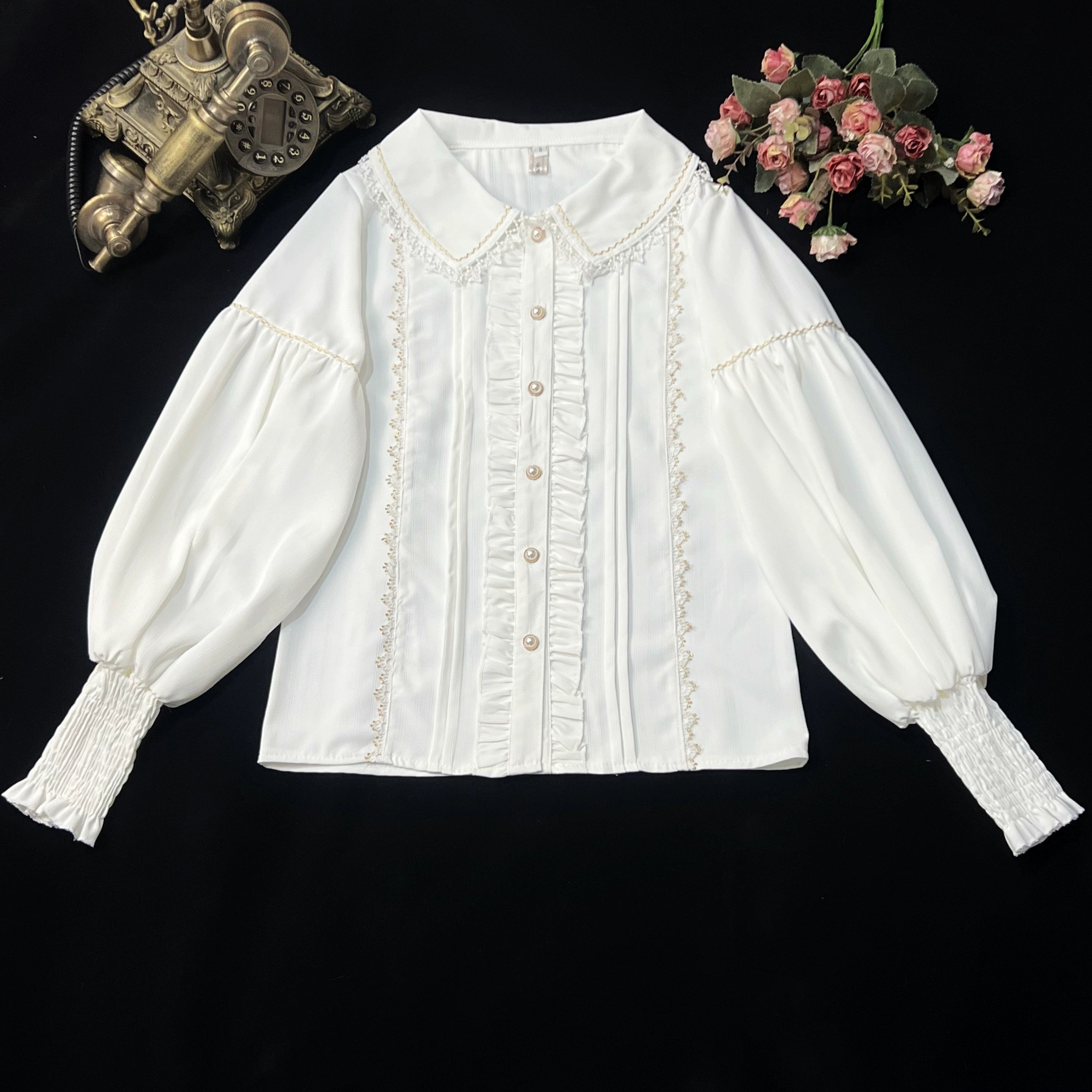 DMFS Lolita - Sweet Lolita Blouse Vintage Mutton Sleeves Winter Lolita Shirt Milky white (without velvet) S