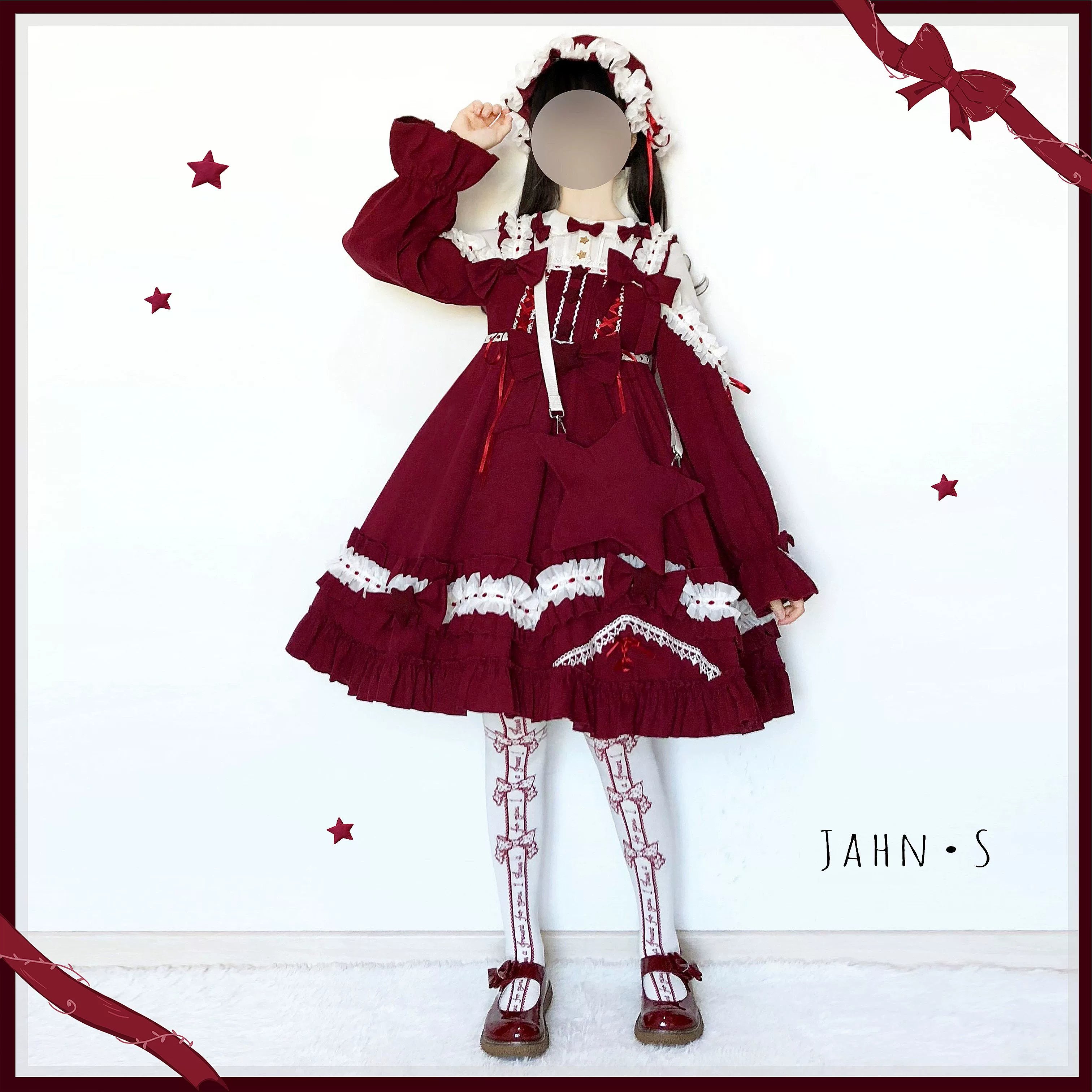 Aurora Kiss - Daily Lolita Winter Dress, Long Sleeve S Wine Red OP Dress Only