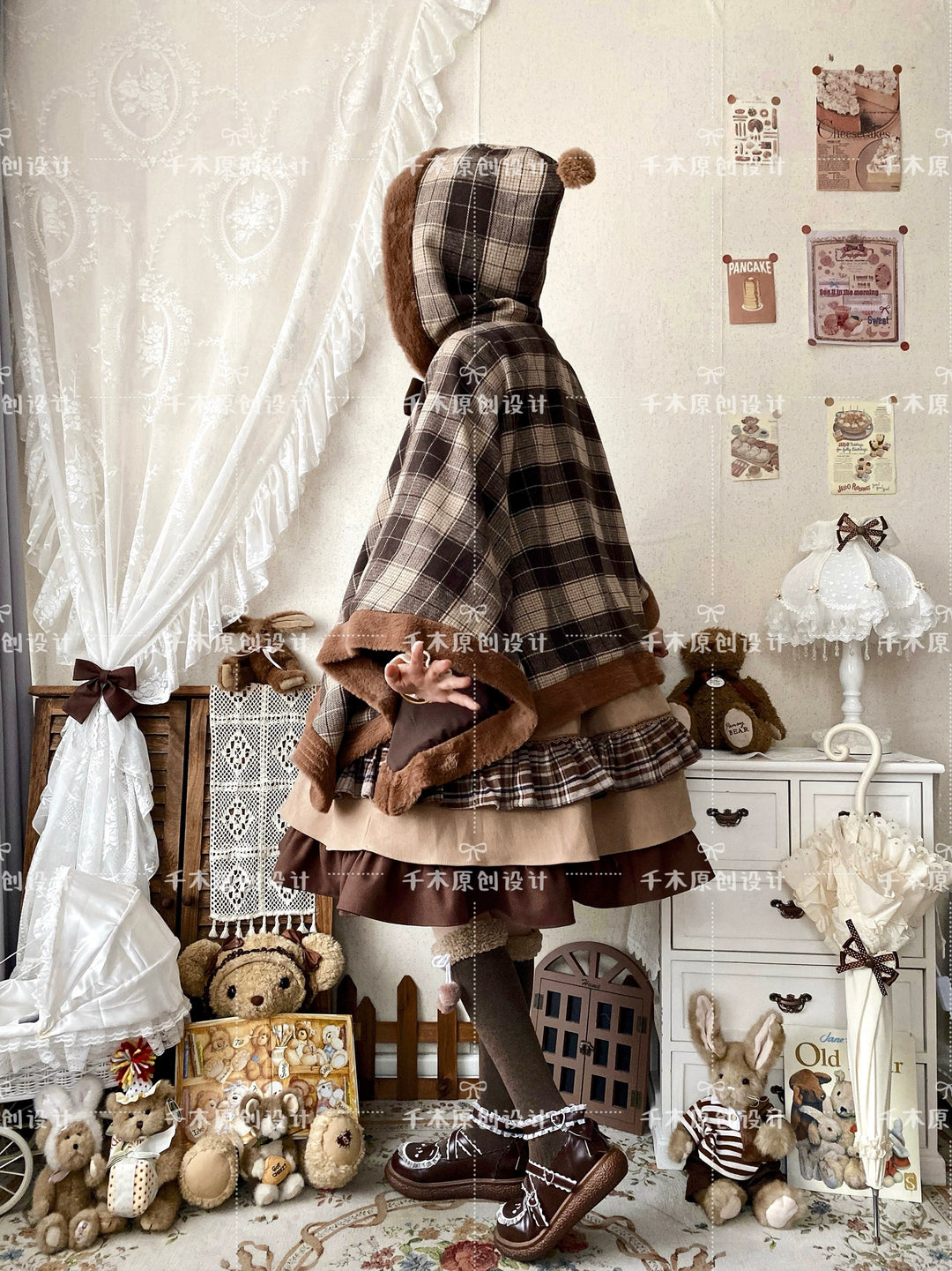 Qianmu~Waffle~Kawaii Lolita Cape Daily Lolita Plaid Hoodie Cloak