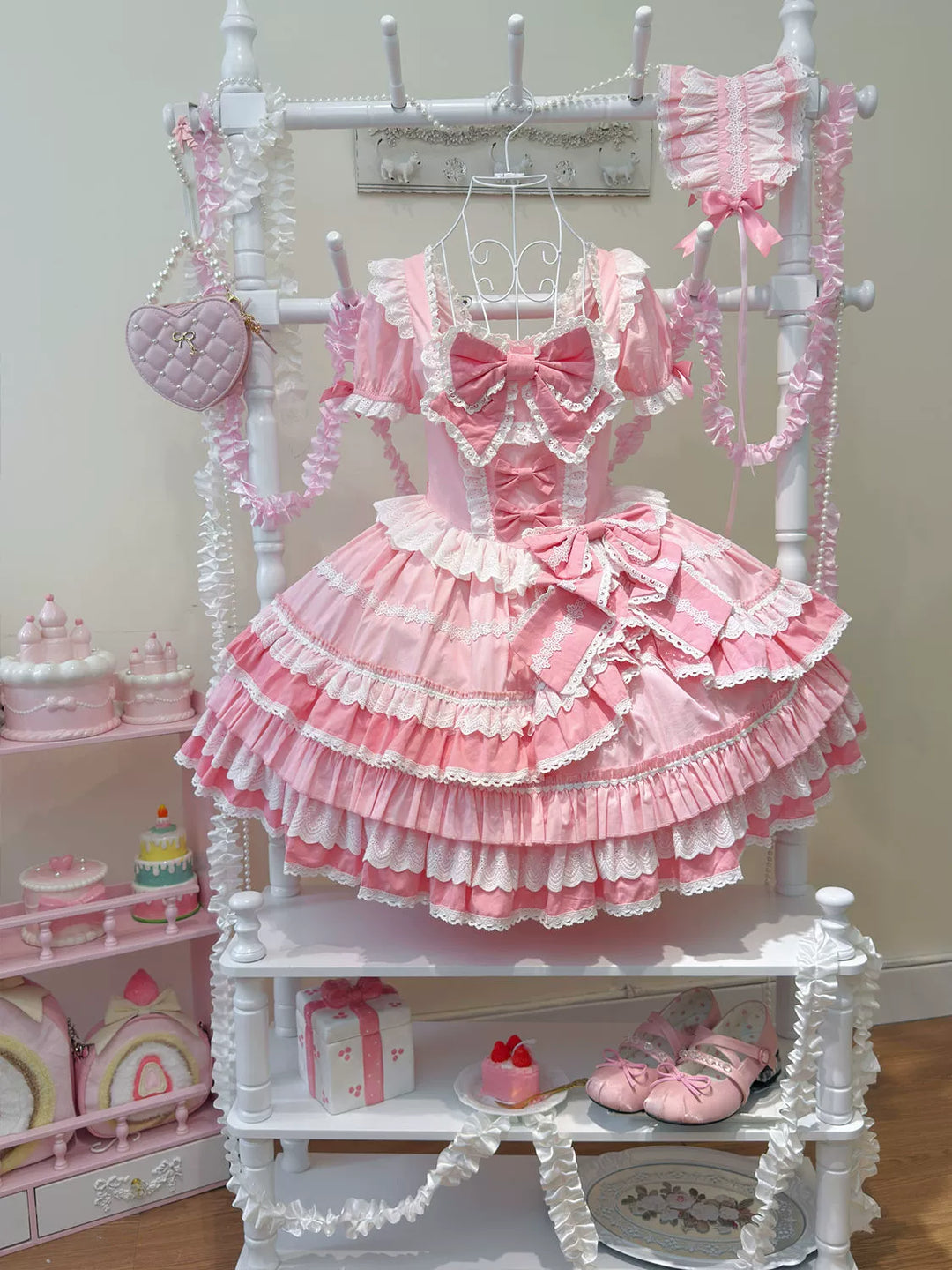 Hanguliang~Showa Flower Butterfly~Pink Sweet Lolita OP Dress With Bows & Lace Trim