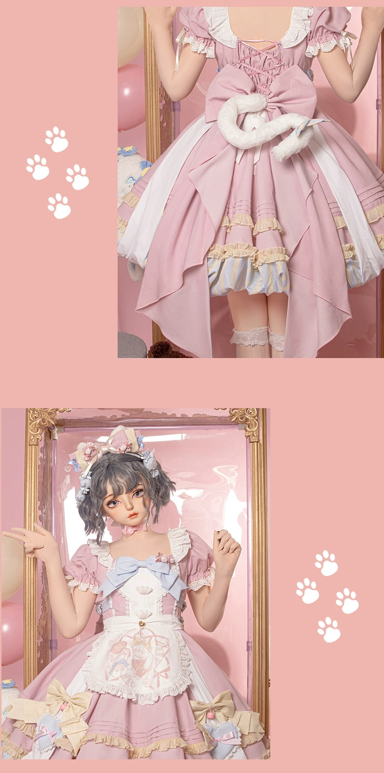 OCELOT~Sweet Lolita Pink Cat Tail OP Dress Set   