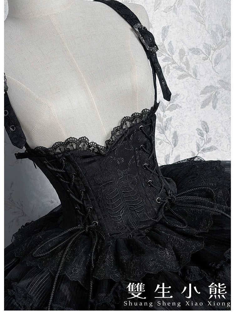 Dark Fog Feast - Gothic Lolita Bust-support Strap Dress, Lace & Cross