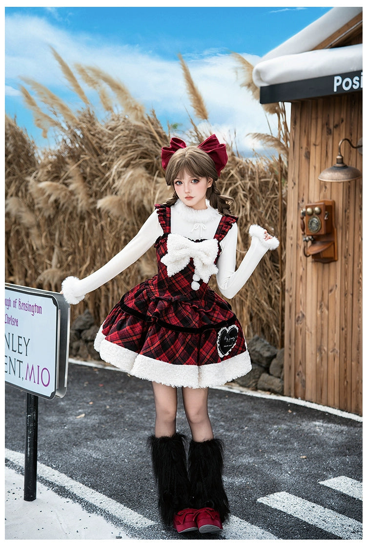 With PUJI - Snow Night Serenade - Fluffy Plaid Kawaii Lolita JSK, Reversible Cape 44279:802365