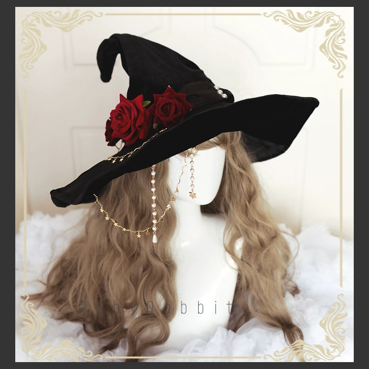 Ruby Rabbit~Gothic Lolita Witch Hat Velvet Halloween Hat Wide Brim   