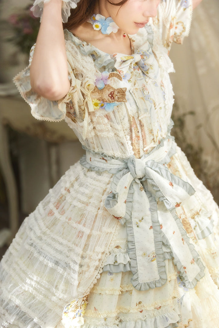 Miss Point~Cat Rose Tea~Sweet Lolita Tulle Cardigan and Long Skirt Overlay