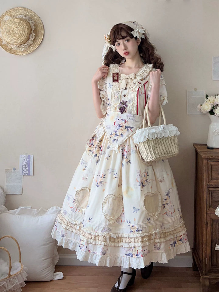 Uncle Wall Original~Bay Rabbit's Tale~Sweet Lolita OP Dress Floral Print S Long OP 