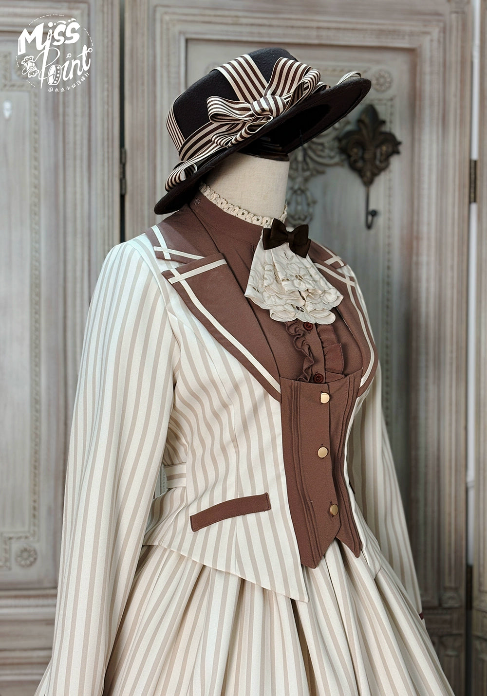 Miss Point - Classical Chocolate - Classic Lolita Jacket Elegant Striped Short Outwear Off-white stripes XS