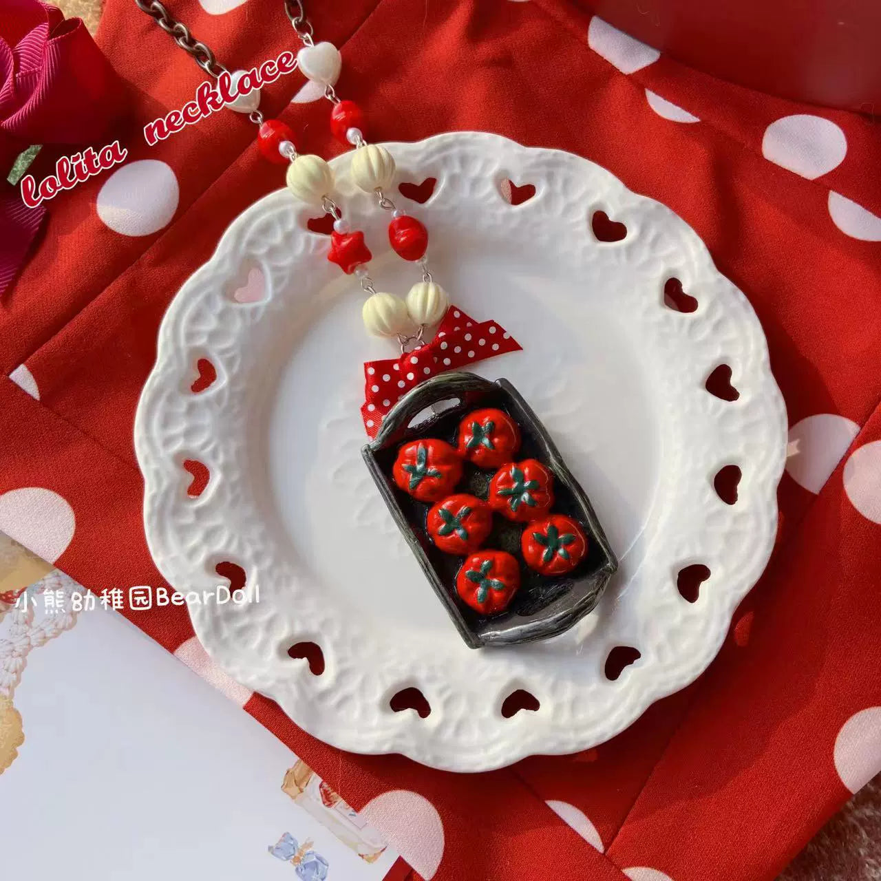 Bear Doll~Sweet Lolita Necklace Cute Beaded Cake Popcorn Tomato Shape Accessories Tomato  