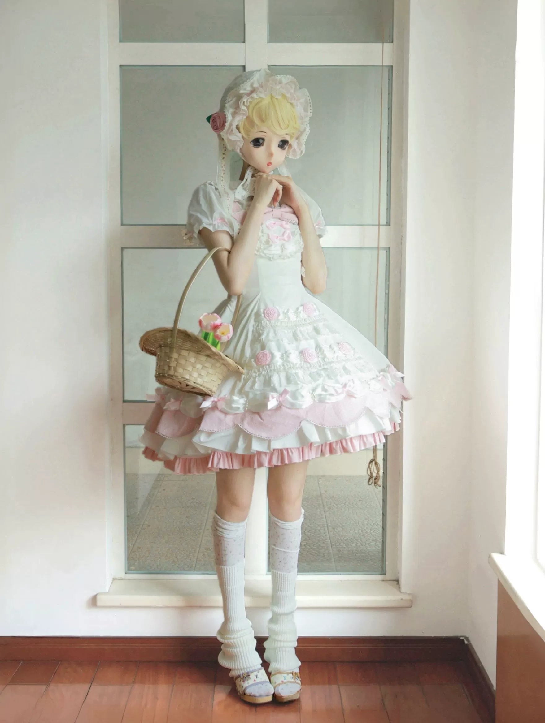 Cream Rosette Cake - Old School Lolita JSK Dress, Rose & Pearl Accents 45769:861496