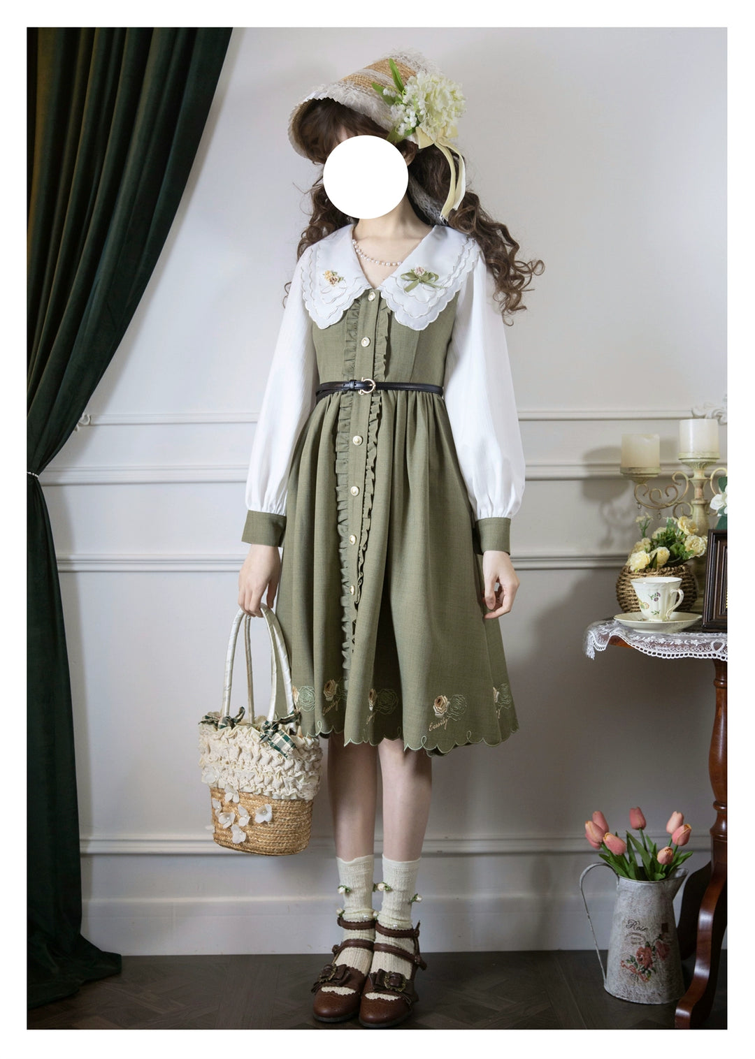 EESSILY~Window Rose~Classic Lolita OP Front Buttoned Embroidery Lolita Dress