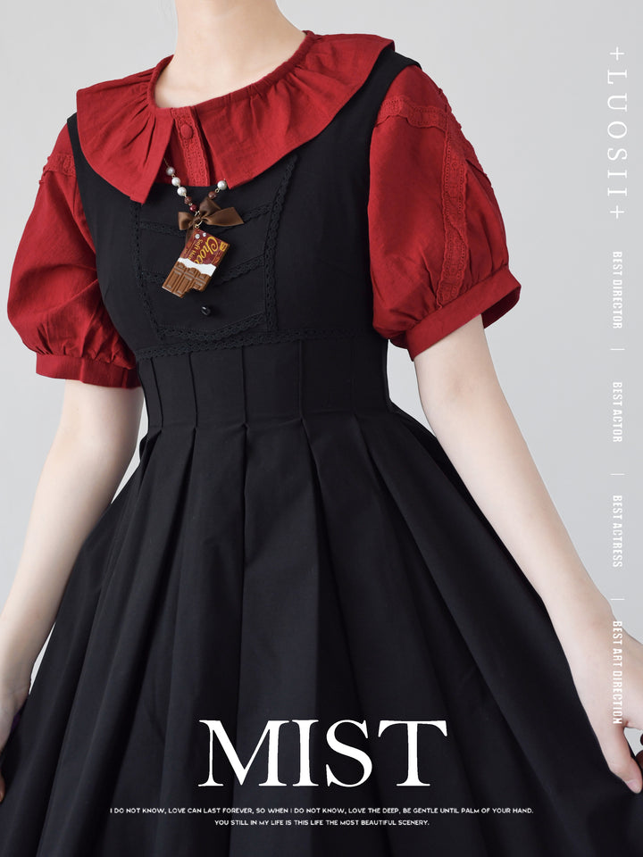 MIST~Spring Retro~Cotton Kawaii Lolita Shirt with Ruffled Neck and Lace Detail 42777:753222