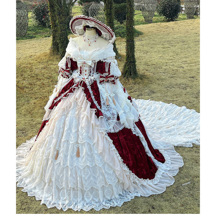 Guaji~Isabella~Wedding Lolita OP Bridal Dress with Tiered Petticoat and Trailing