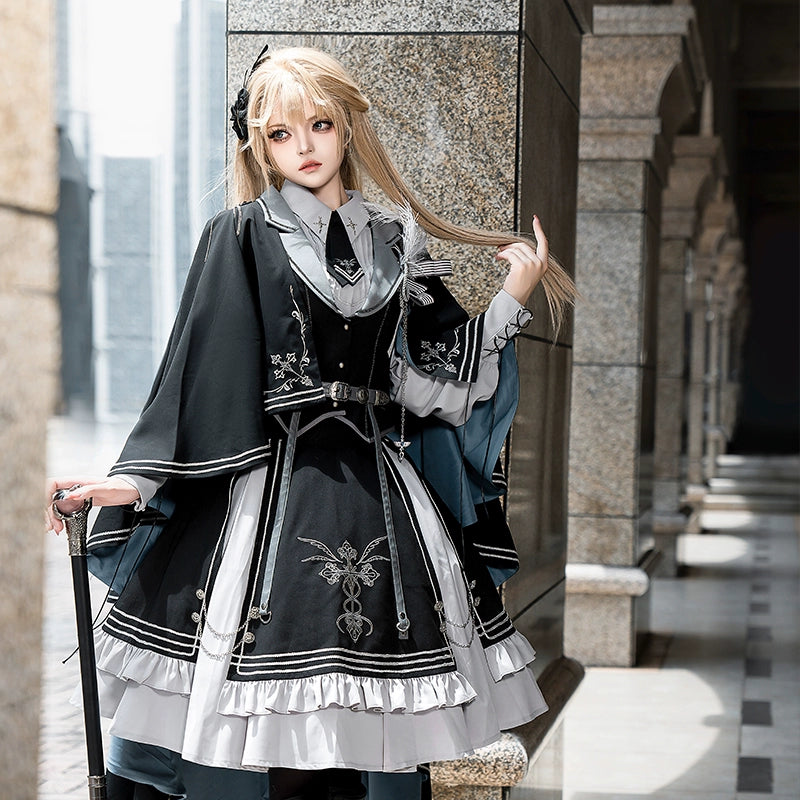 CHUNLV LOLITA~Dark Night Contract~Blue Military Lolita Dress Suit Skirt Elegant OP Cape