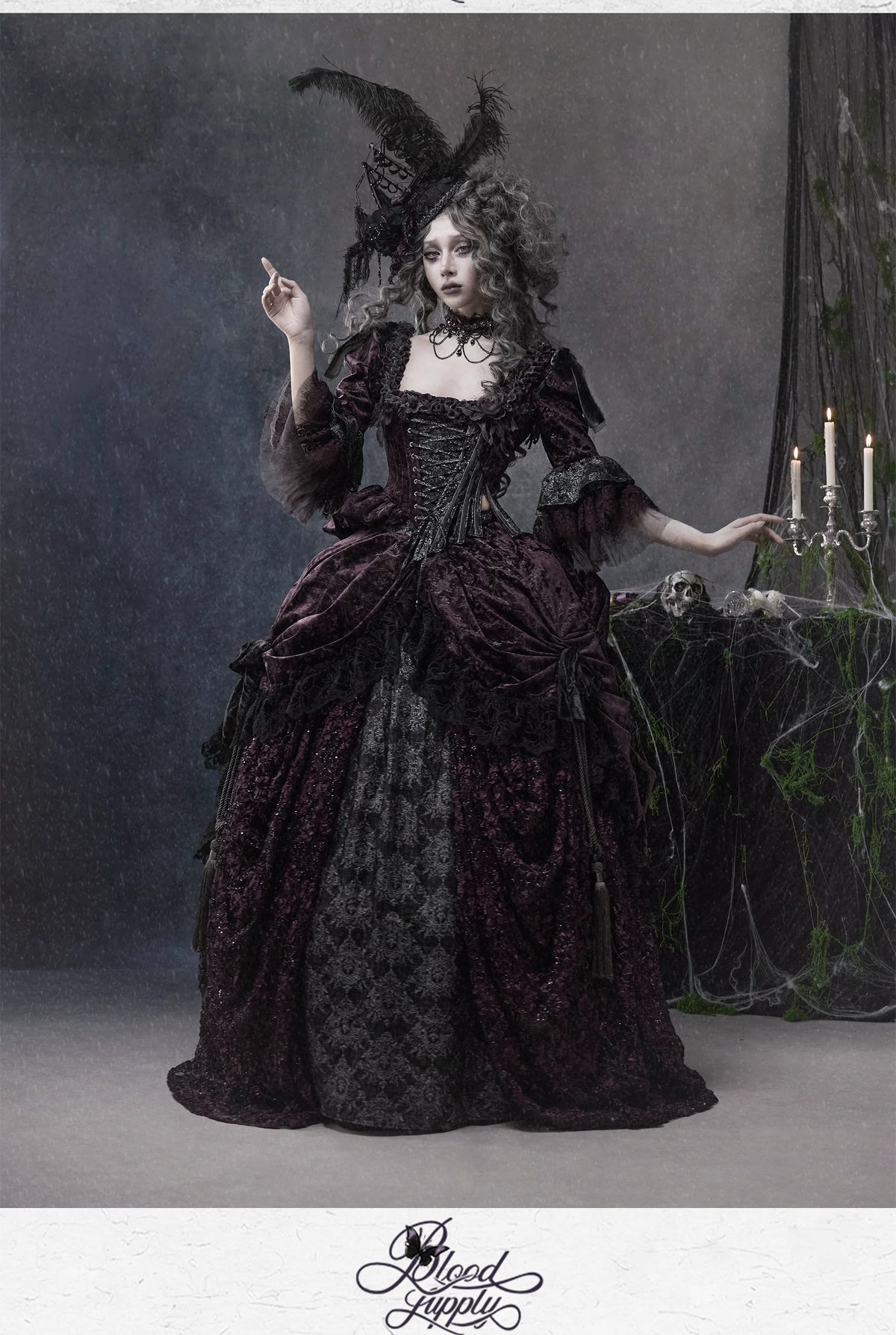 Undead's Gift - Halloween Gothic Lolita Draped Panel Skirt Set, 3D floral lace