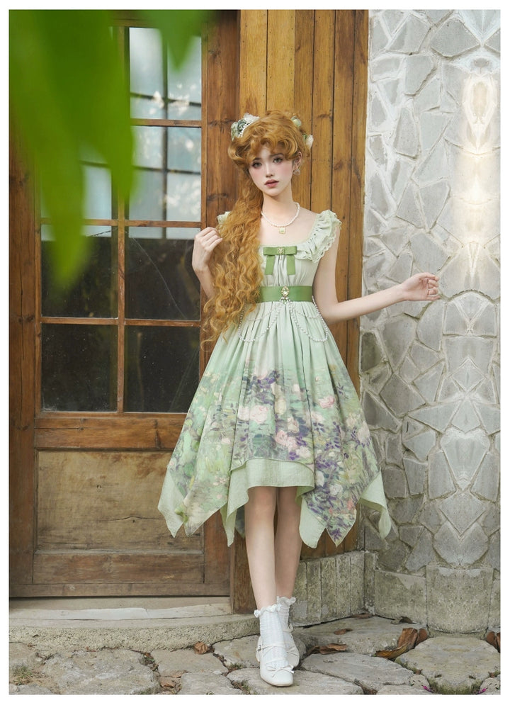With PUJI~Blooming Rose~Chiffon Classic Lolita Dress Set Painting Styled OP & JSK