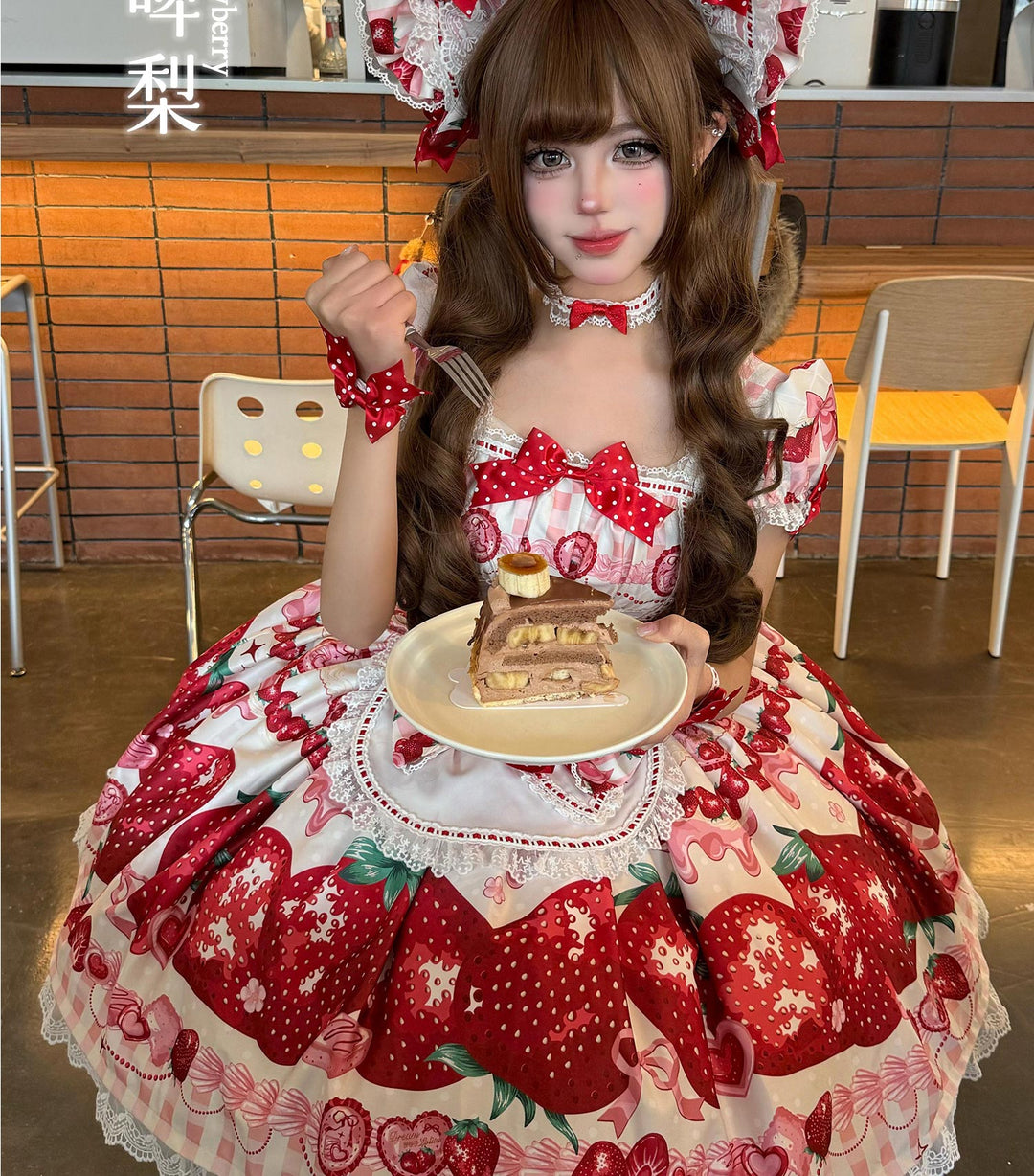 Mengfuzi~Strawberry~Sweet Lolita OP and JSK with Strawberry Print