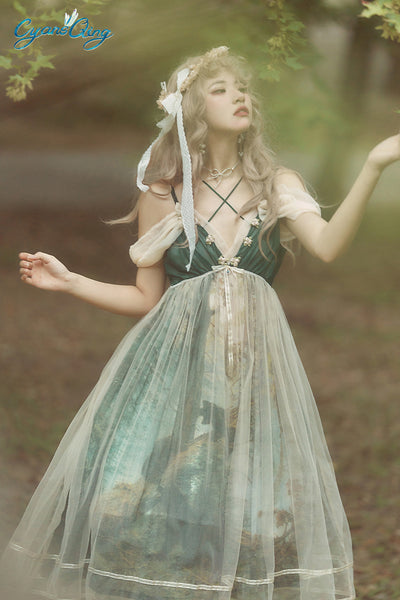 Cyan~Morning of Pine Forest~Elegant Lolita Cyan Bear Print JSK M  