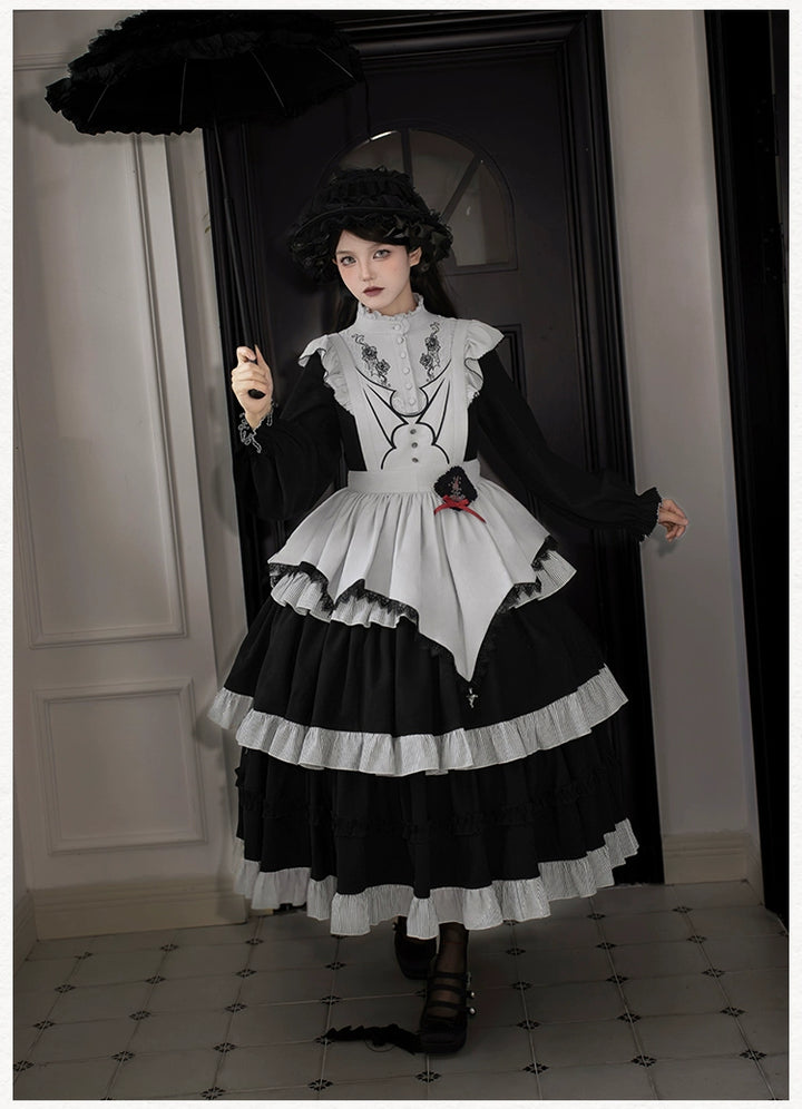 With PUJI~Castle Night~Gothic Twins Lolita OP Three-tiered Embroidery Dress