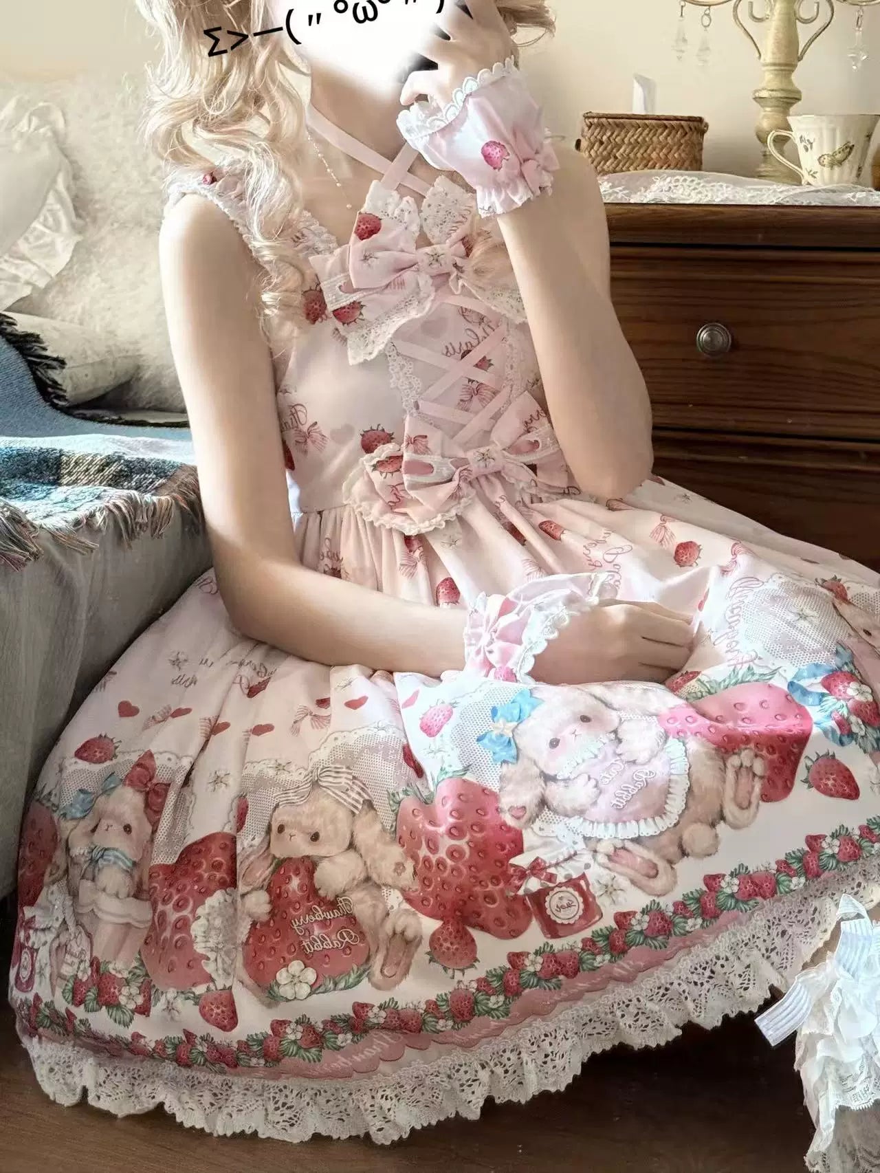 Rabbit Berry Gift Box SP - Printed Kawaii Lolita JSK, Elastic Ruffled Straps