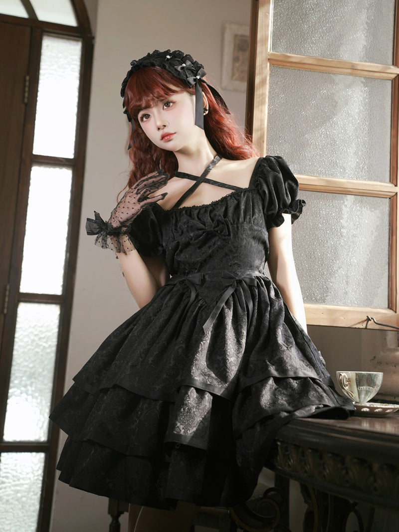 Eieyomi~Thorn Rose~Gothic Lolita Three-layer Ruffle Black OP   