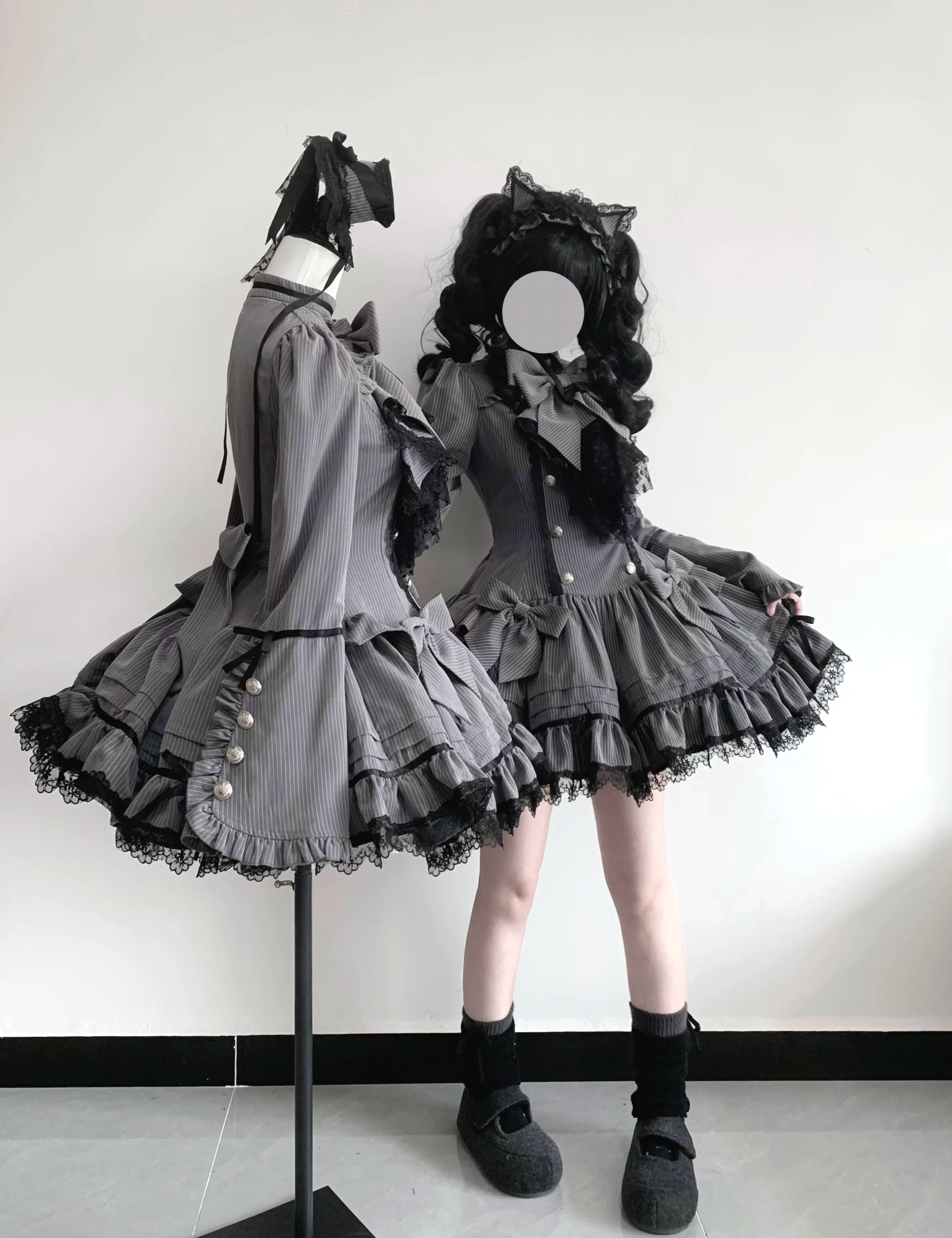 Phantom Kitty - Old School Lolita Low Waist OP Dress, Lace & Bow 45119:836168
