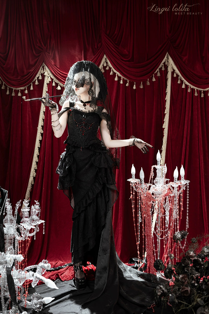 Lingxi Lolita~Lord of the Night~Gothic Lolita Skirt Suit Mermaid Skirt and Fishbone Bodice 42159:730275