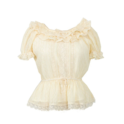Balladeer~Chiffon Lolita Shirt Detachable Lotus Sleeve Blouse S Apricot Pleated Version - Short Sleeve 