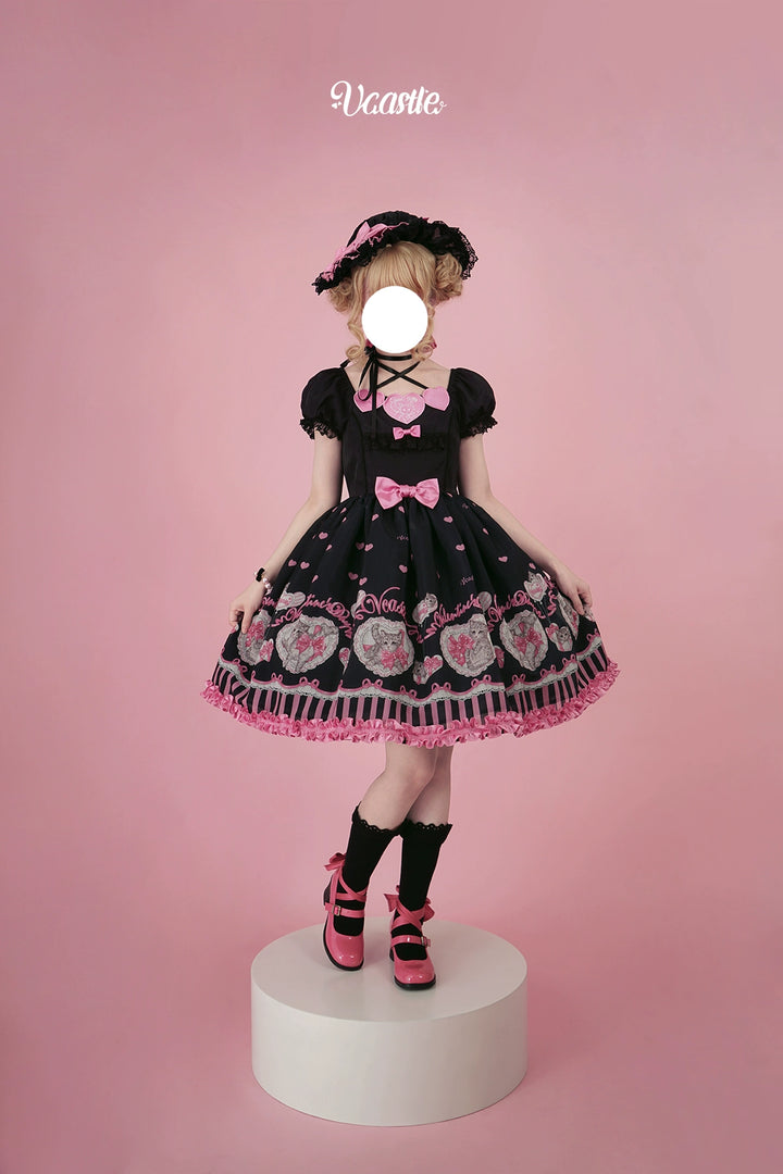 Vcastle~Love God Kitty~Sweet Lolita Dress Short Sleeve OP JSK Bonnet S - Black OP  
