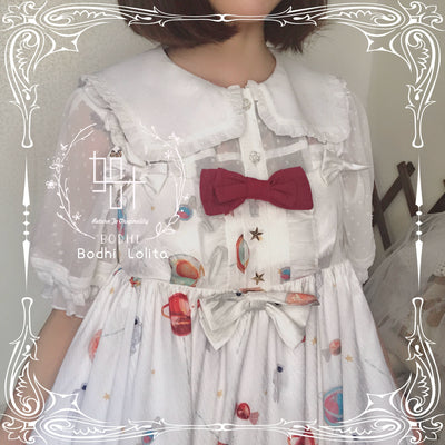 Bodhi Lolita~White Lolita Shirt Chiffon Square Collar Short Sleeve Blouse   
