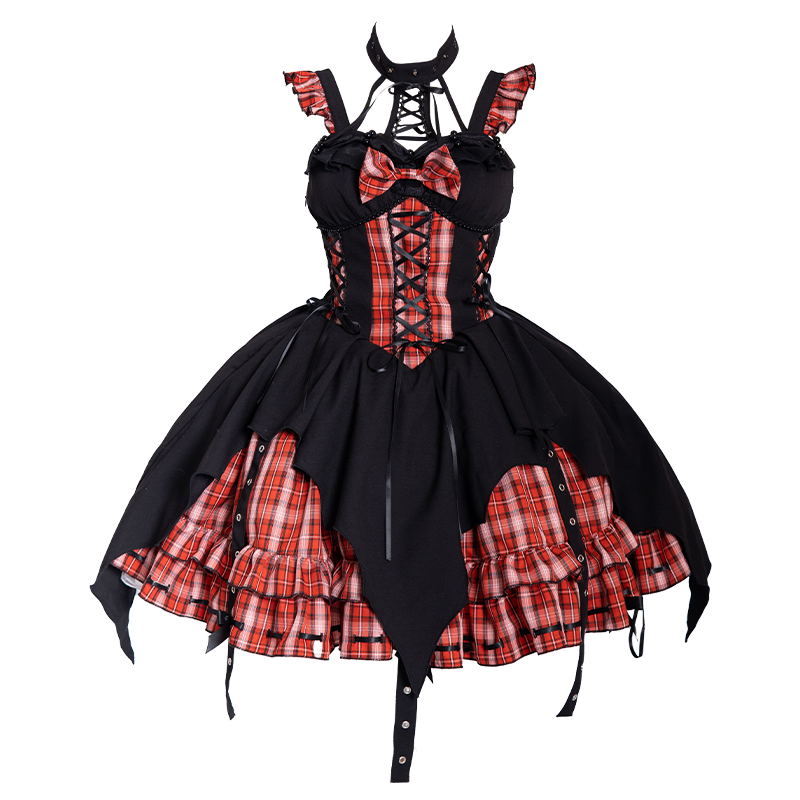 OCELOT - Rock 'N' Row Radio Wave - Punk Lolita JSK Dress Plaid Irregular Hemline Dress S Black Red (JSK+KC)