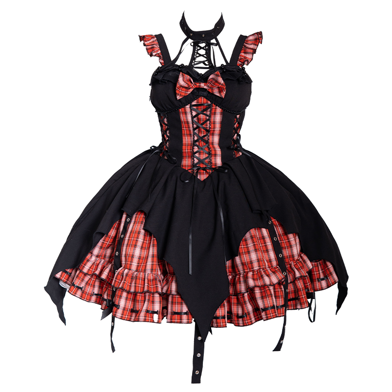 OCELOT~Rock 'N' Row Radio Wave~Punk Lolita JSK Dress Plaid Irregular Hemline Dress S Black Red (JSK+KC) 