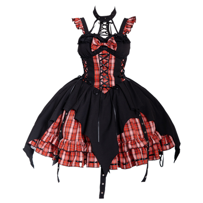 OCELOT~Rock 'N' Row Radio Wave~Punk Lolita JSK Dress Plaid Irregular Hemline Dress S Black Red (JSK+KC) 