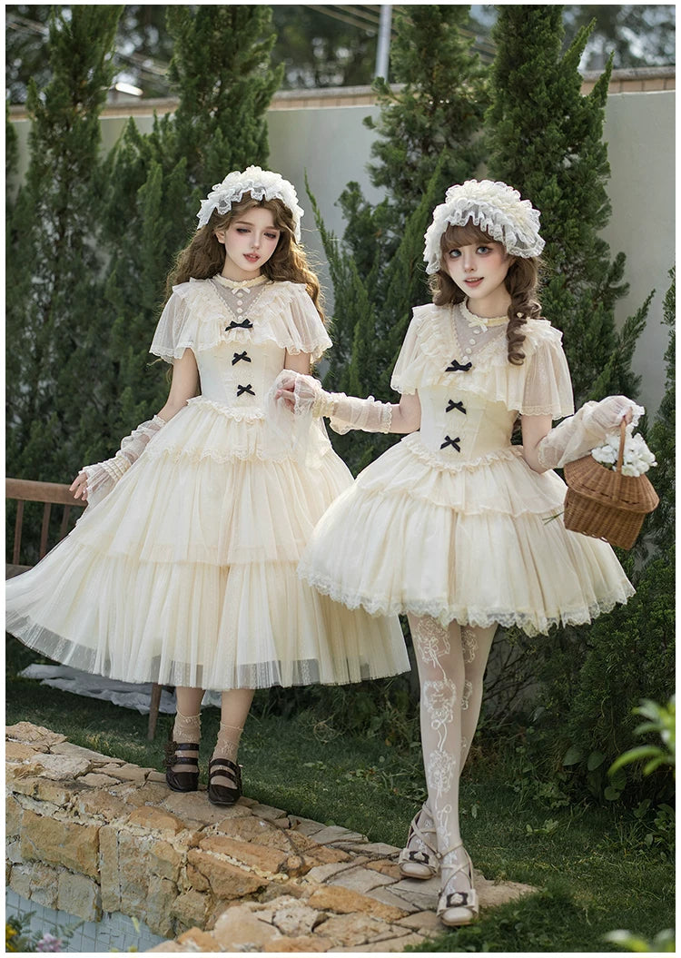 White Mist Promise - Classic Lolita Corset OP Set, Edwardian Collar & Tiered Hem 45173:838316