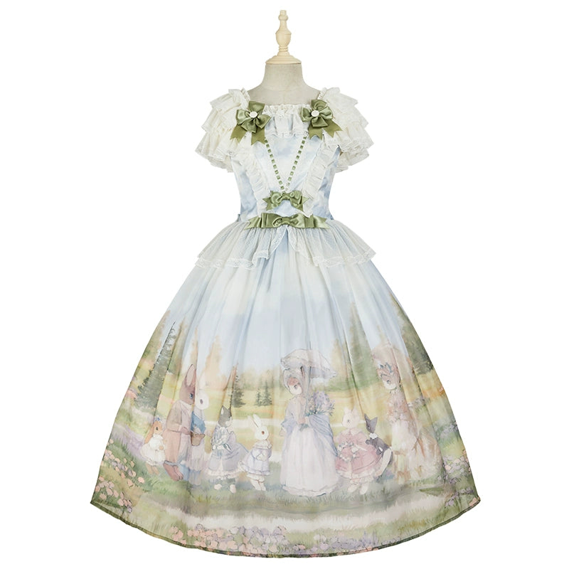 Summer Fairy~IP Collab Sweet Lolita Jumper Dress Flutter Sleeves OP Blue flutter sleeves OP F 
