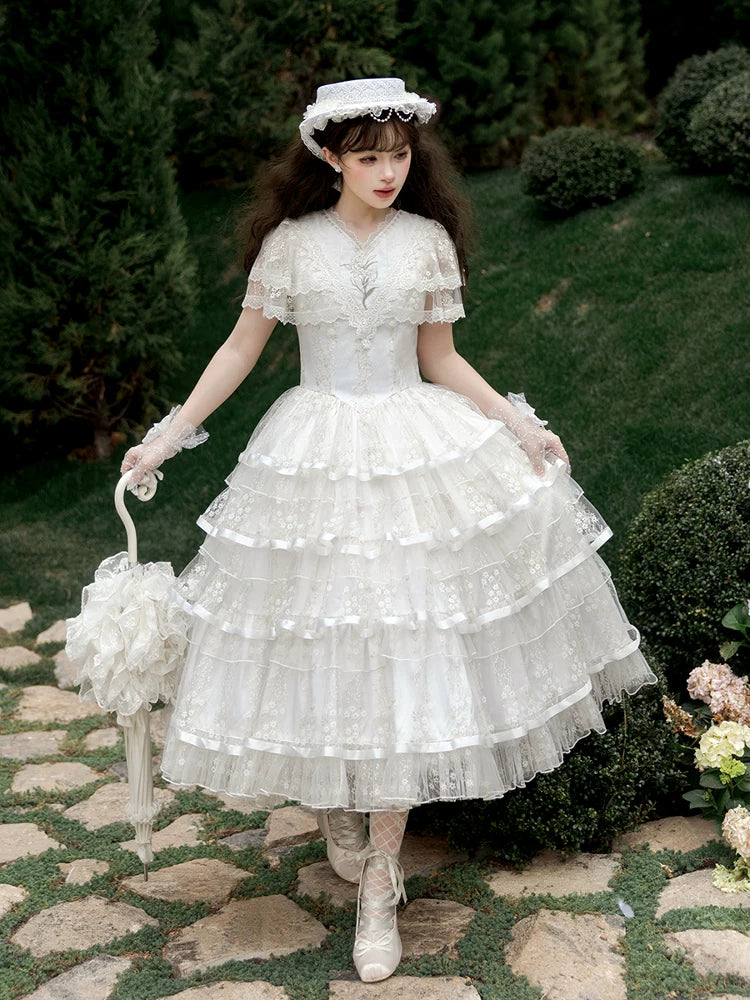 Morning Dew Lily - White Classic Lolita OP Dress, Tiered Skirt White S