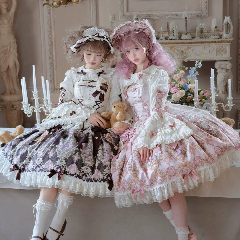 Antique Teddy Bear - Classic Lolita Printed JSK Dress with Ribbon Bows 45538:853261