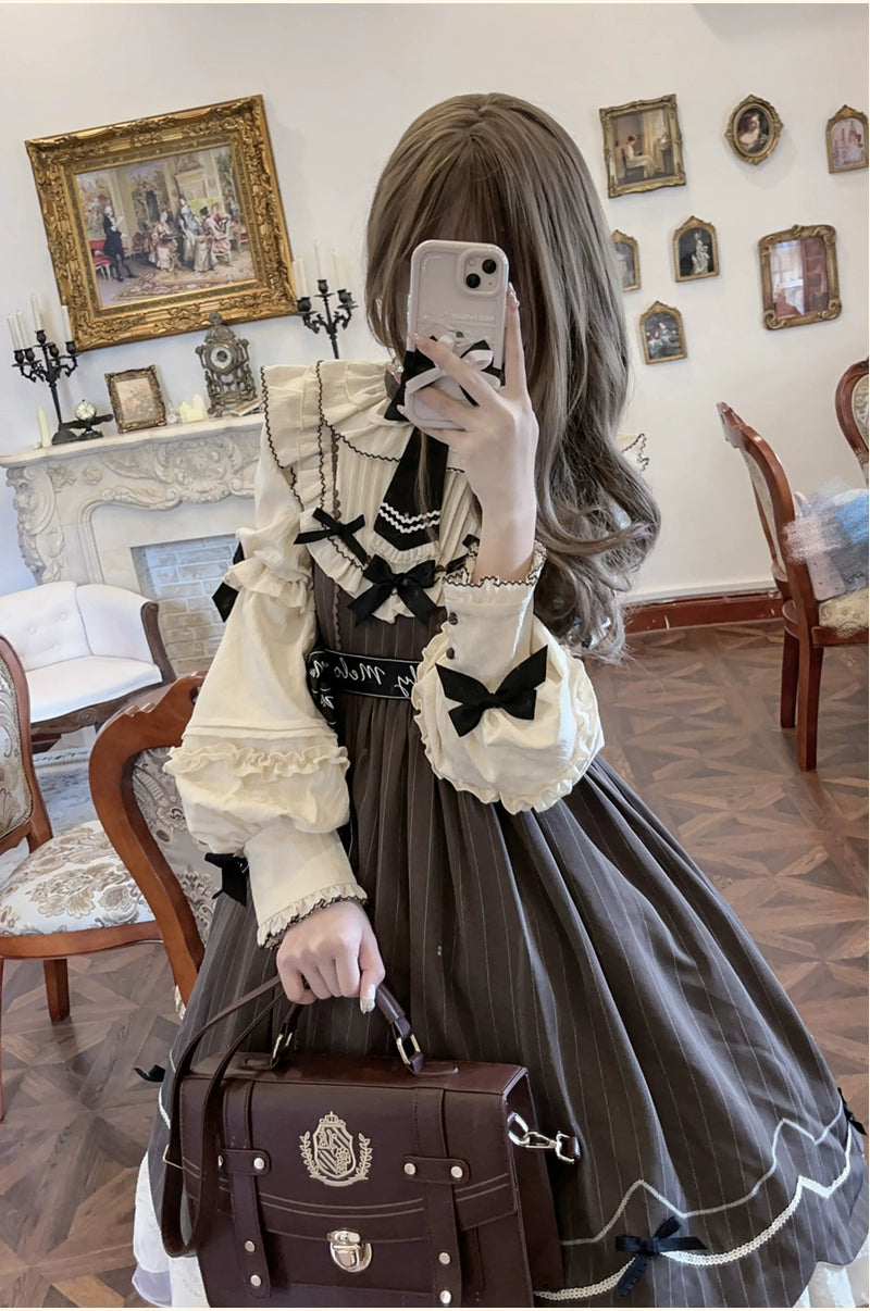 Buling Moon~Sweetheart Puppet~Retro Lolita OP Elegant Daily Lolita Dress S Coffee OP + hat 