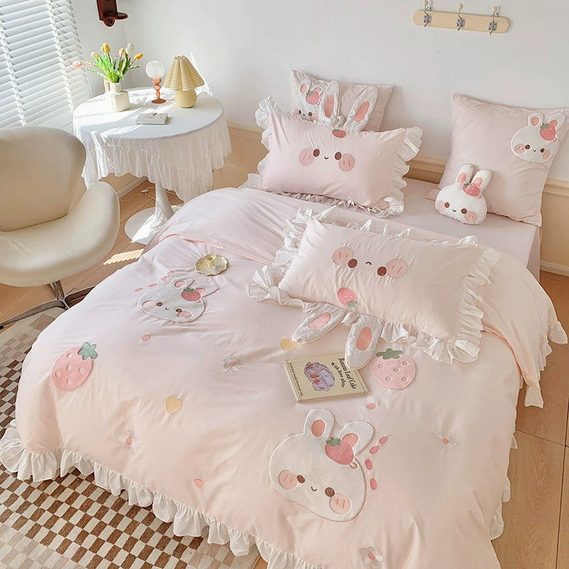 MiLL~Kawaii Lolita Rabbit Print Bedding Lolita Bedroom Set Bed linen Water-washed cotton(with a free cushion) 1.2m bed three-piece set (quilt cover 150*200cm)