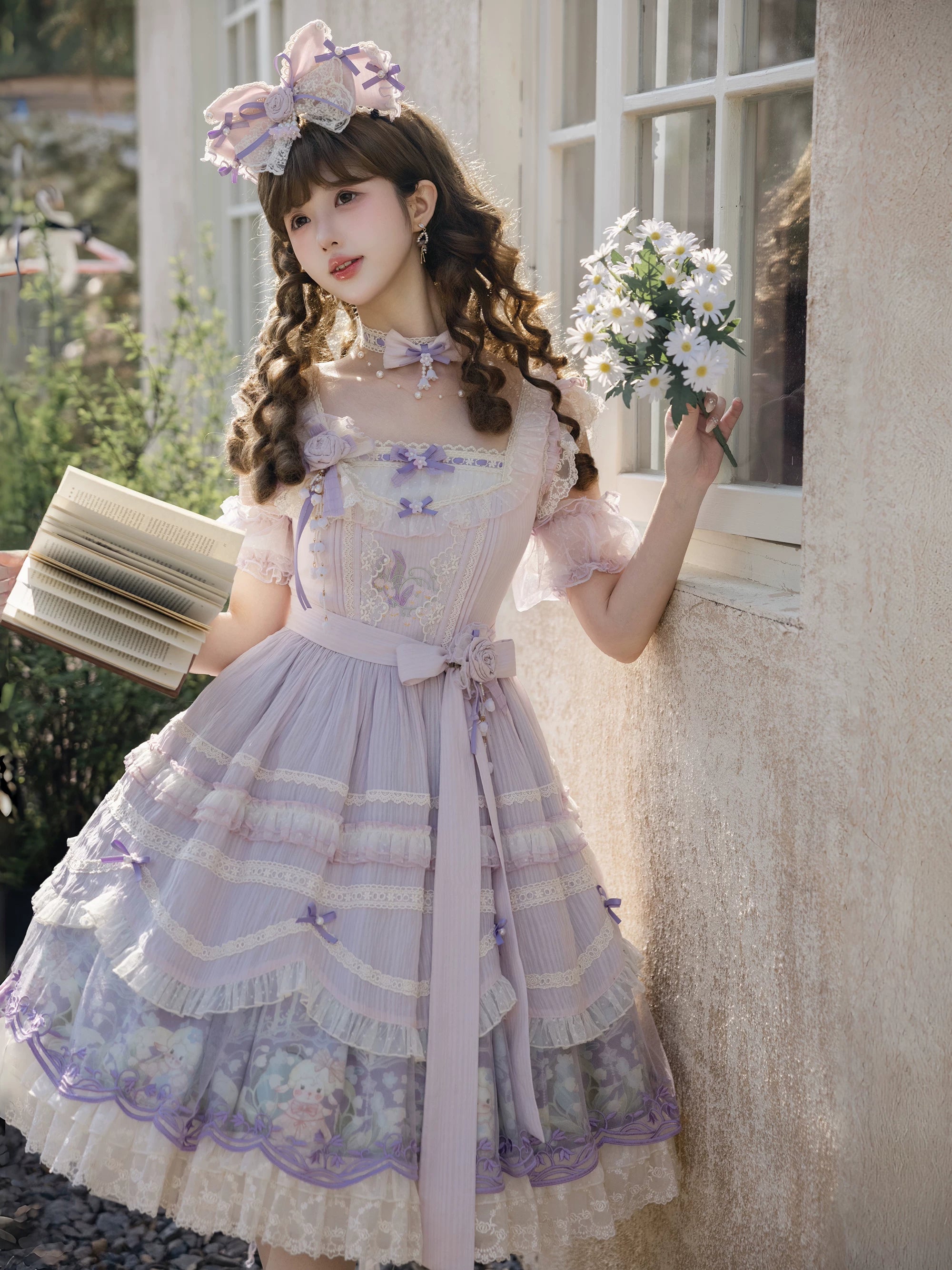 Lily of the Valley Lamb - Classic Lolita Tiered Hem JSK Dress with Embroidery 45277:852098